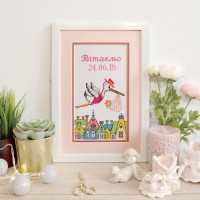 Stork Birth Sampler for a Girl Counted Cross Stitch Kit
